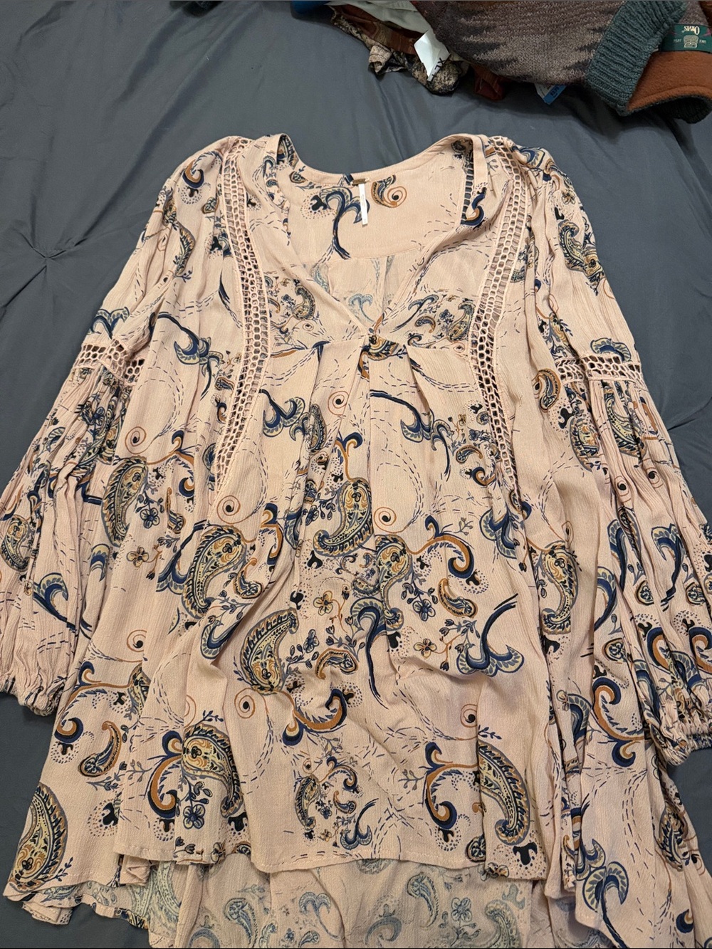 Free People Blush Paisley V-Neck Peasant Tunic with Navy & Gold Accents